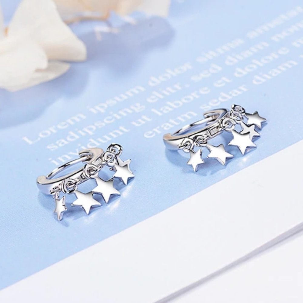 NEW 925 Sterling Silver Star Hoop Earrings - Picture 6 of 8
